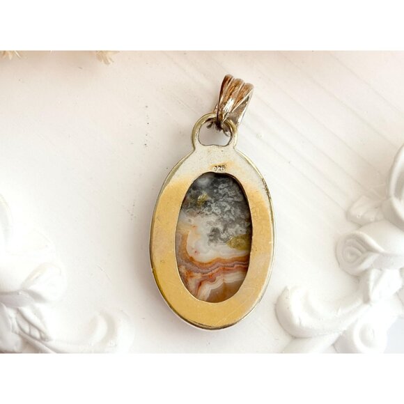 Polished Agate Gemstone Oval Sterling Silver Minimalist 925 Vintage Pendant - Picture 4 of 10